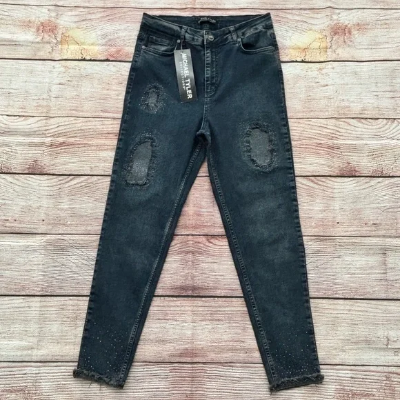 NWT!⭐️ Michael Tyler • Distressed Jeans with Rhinestone Accents- Women’s Size 12 - Picture 2 of 16